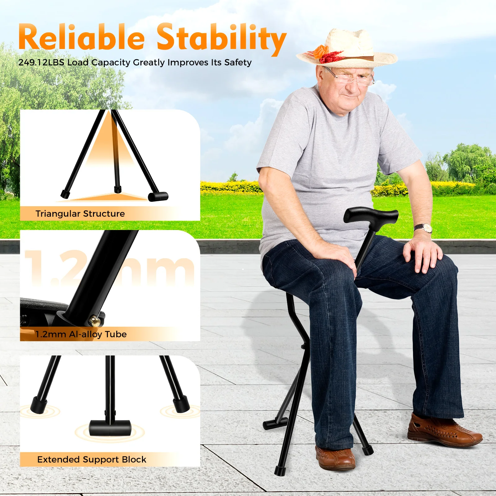 Portable Cane Seat,Folding Walking Stick With Seat,Max.113Kg For Elderly Walking In The Park, Fishing Leisure, Foldable Tripod 3