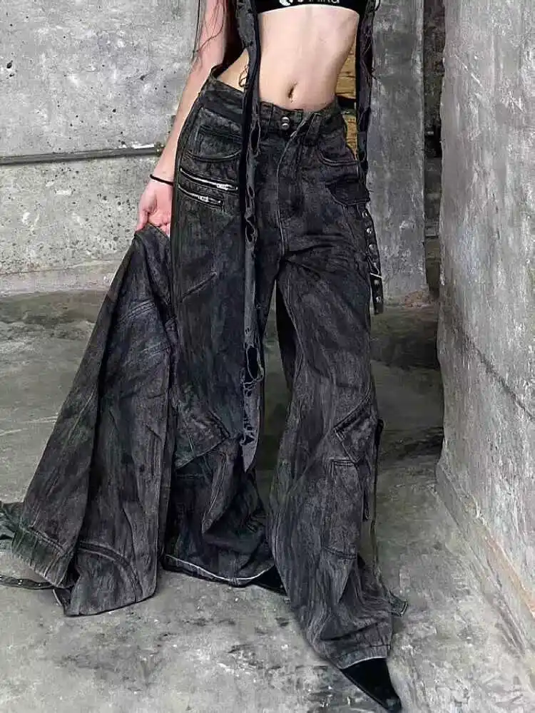 American Sle Loose Fit Zipper Multi-ket Design Heavyweight Straight Leg Micro Flared Workwear Denim Jeans for Men