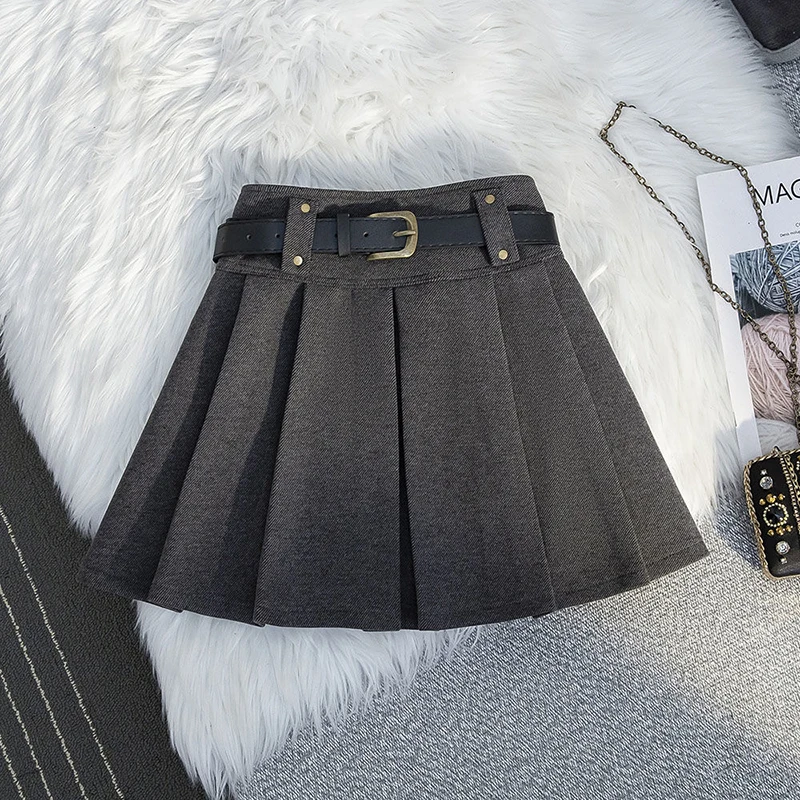 Vintage Woolen Mini Skirt Women with Belt Black Pleated Skirts Fall Winter Korean Preppy High Waist All Match A Line Skirt New 3