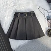 Vintage Woolen Mini Skirt Women with Belt Black Pleated Skirts Fall Winter Korean Preppy High Waist All Match A Line Skirt New 3