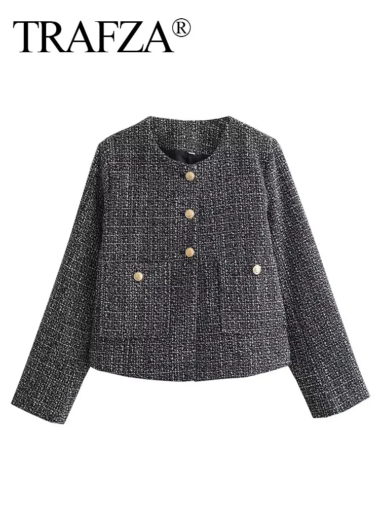 HH Women Fashion Textured Coat With Pockets Button Long Sleeve Jacket Vintage Solid O Neck Outerwear Woman Chic Coats