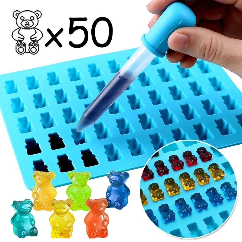 50 griglie stampo orsetto gommoso stampo in Silicone simpatico orso gelatina con contagocce caramelle cioccolato fondente stampi strumenti di decorazione di cottura fai da te