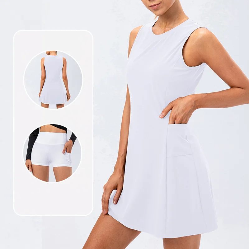 Fashion Tennis Dress Female Sleeveless Solid Sport Dress Training Running Fitness Short Female Golf Badminton Suit