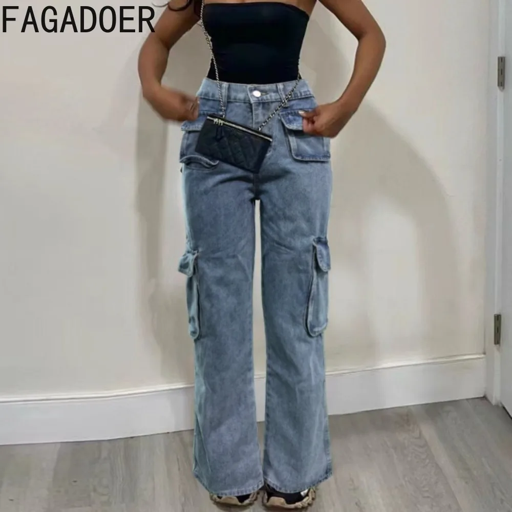 

FAGADOER Blue Fashion Denim Pocket Cargo Pants Women High Waist Button Straight Jean Trousers Casual Female Cowboy Bottoms 2024