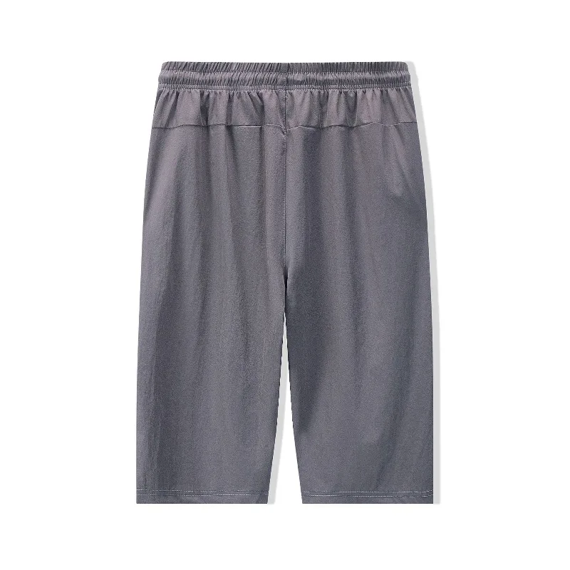 Trendy Casual Sports Summer Thin Men's Shorts Ice Silk Fabric Elastic Waist Drawstring Pockets Zipper Loose Calf Length Pants