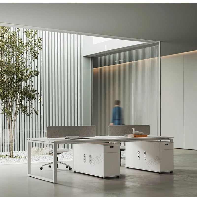 

White staff, minimalist modern workstation, staff desk and chair combination, double 6-4-4 six person