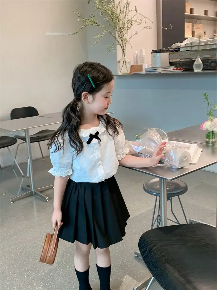 

Лето 2023, Детские комплекты в стиле преппи, рубашка, брюки с коротким рукавом и юбка, Модный милый дизайн в Корейском стиле для девочек