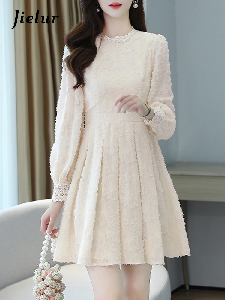 

Jielur Осеннее женское платье элегантное шифоновое кружевное платье с длинным рукавом и высокой талией платья абрикосового и черного цветов S-3XL