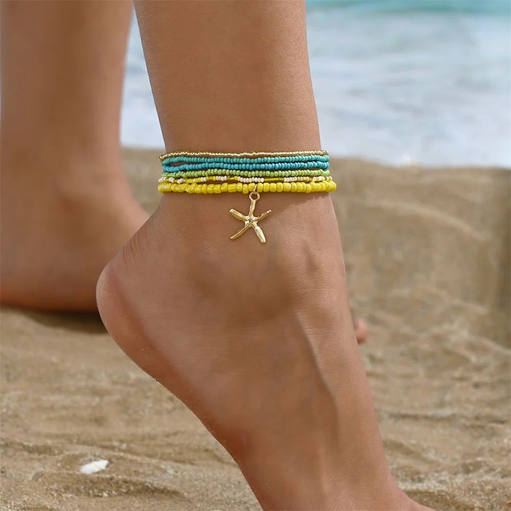Rainbow Glass Beads Big Starfish Pendant Anklets For Women Gold Color Foot Chain Beach Jewelry Ankle Bracelet Summer Accessories