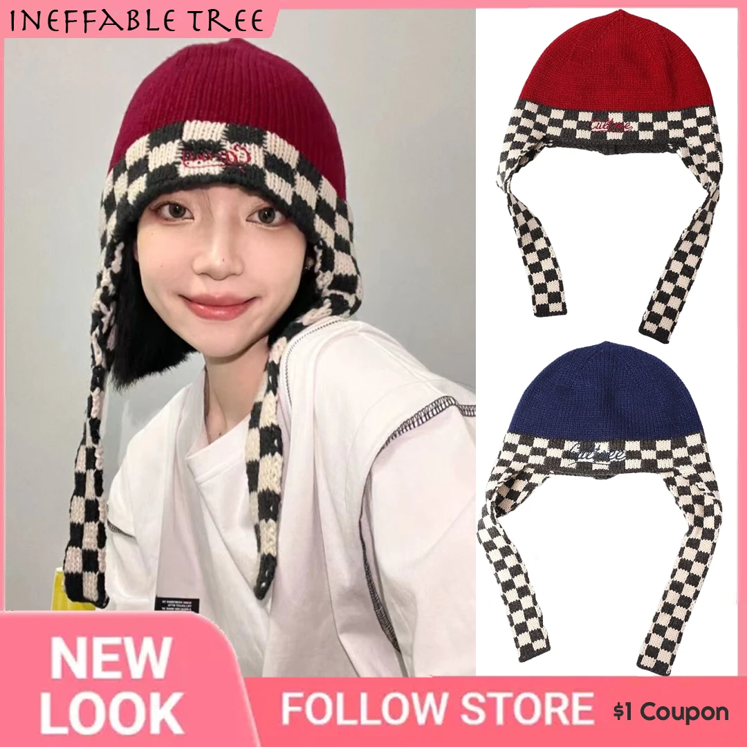 

Y2K Japan Autumn Winter Checkerboard Lattice Lei Feng Beanie Hat Warm Ear Protection Flight Retro Knitted Women's Bomber Caps