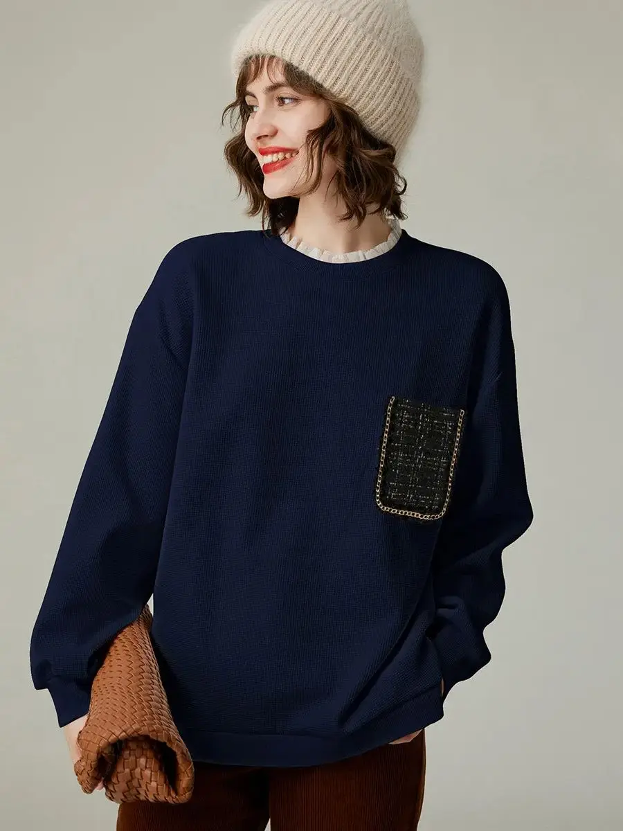 LOUIS YAO Women's Sweater 2023 Autumn Stringy Selvedge Round Neck Long Drop Sleeve Loose Fitting Pullover Women's Top