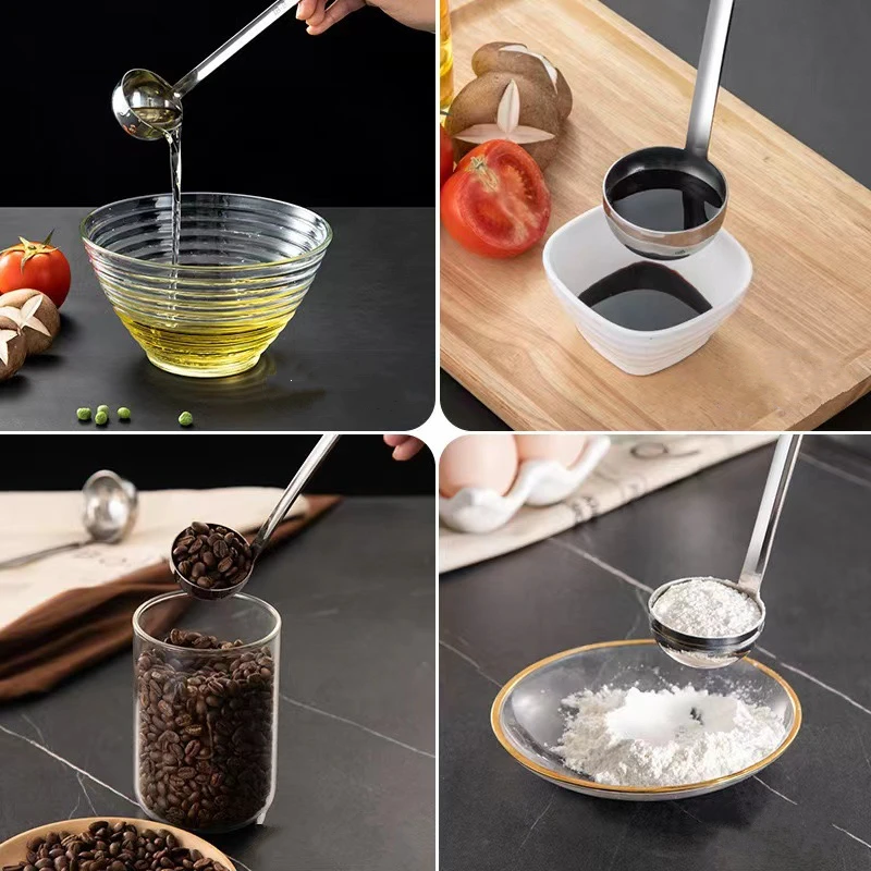 Long Handle Measuring Spoon with Scale Stainless Steel Serving Soup Ladle Multi-Size Ounce Spoons Tablespoons Cooking Tools