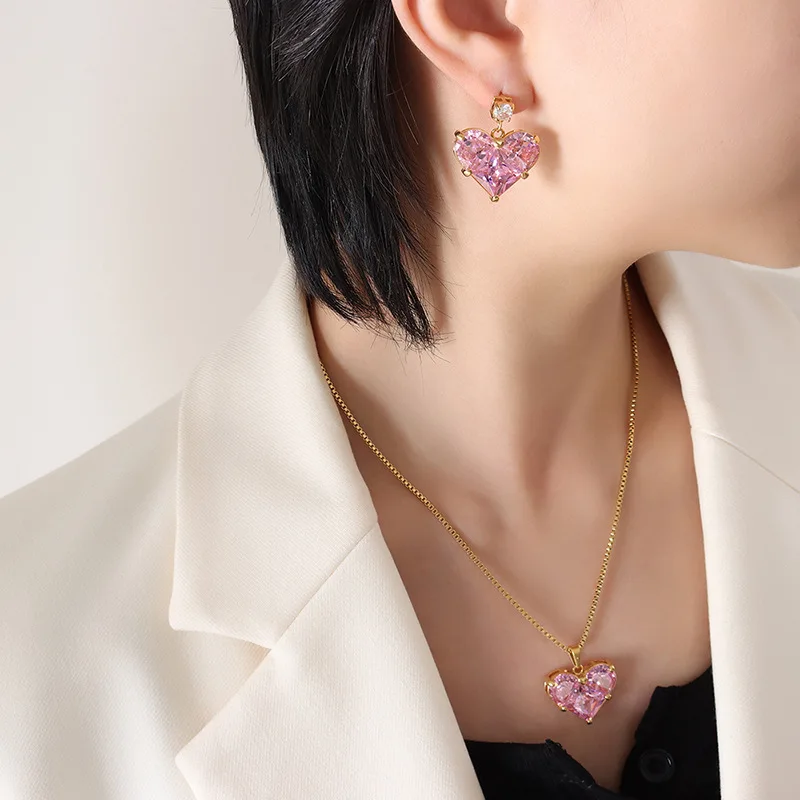 TOFFLO Stainless Steel Jewelry Exaggerated Heart-Shaped Inlaid Zircon Pendant Earring Necklace Women's Sweet Suit BSP456-F078