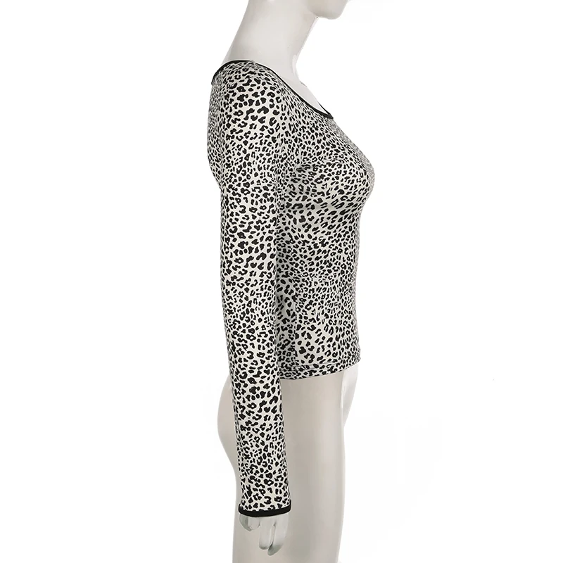 Camiseta Y2K con cuello redondo y estampado de leopardo para mujer, camiseta ajustada de manga larga para la calle, camiseta informal de moda de otoño, conjuntos vintage