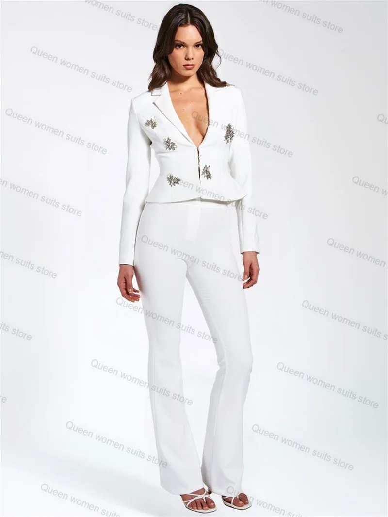 

Elegant White Women Suits Pants Set 2 Pieces Short Blazer+Trousers Wedding Tuxedo Formal Tailor Size Luxury Crystal Jacket Coat