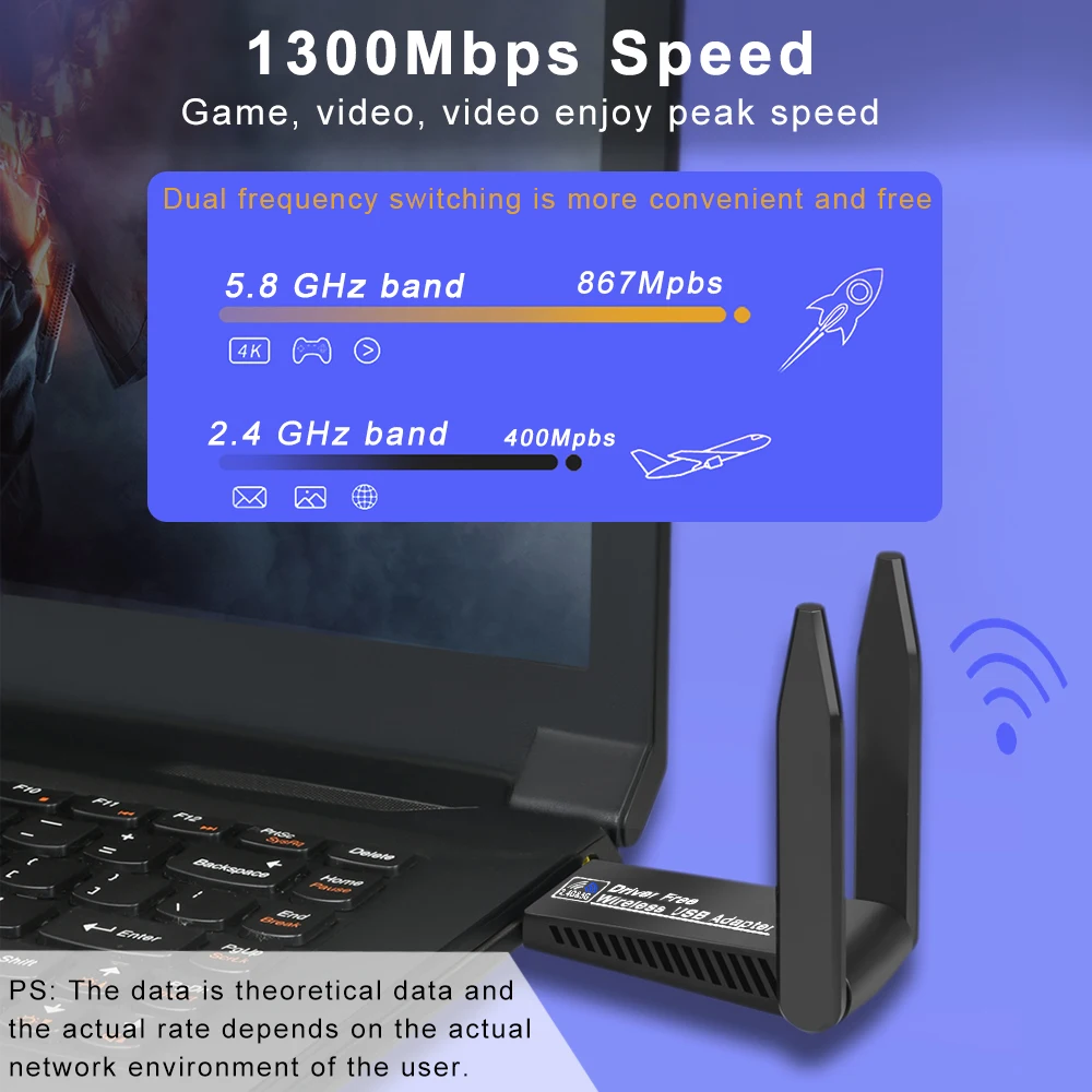 PC 노트북 태블릿용 USB 3.0 와이파이 어댑터, 듀얼 밴드 2.4G 5G 무선 네트워크 카드 드라이버, 무료 블루투스 와이파이 어댑터, 1300Mbps