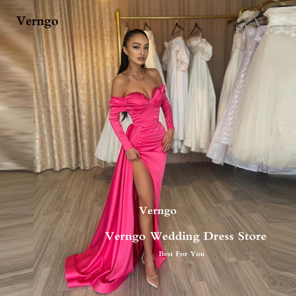 

Verngo Sexy Off the Shoulder Pink Satin Evening Dresses Long Sleeves Pearls Split Pleats Arabic Women Formal Party Prom Gowns