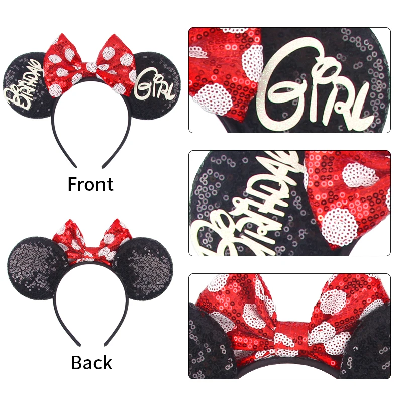 Newest Birthday Mickey Mouse Ears Headband Cartoon Sequins 5"Bow Headwear Girls Children Festival Party DIY Hair Accessories 2