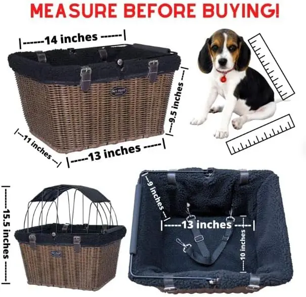 Wicker Bike Basket for Dogs/Cats - Includes Wire Cage Top w/Sun Shade + Plush Removable Padded Liner