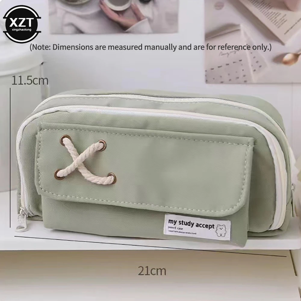 Large Capacity Pencil Bag Stationery Holder Box Aesthetic Canvas Pen Case Three-layer Zipper Pencil Pouch School Supplies