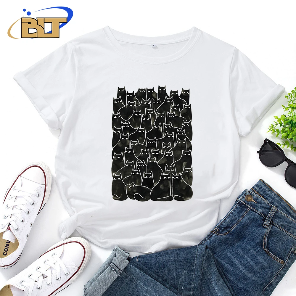 

Женская футболка с принтом подозрительных кошек, Летние повседневные топы из чистого хлопка с коротким рукавом, новая одежда