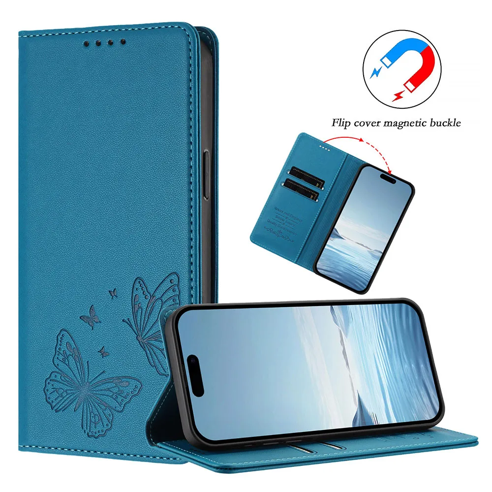 Magnetic Flip Leather Wallet Case with Butterfly Flower Design