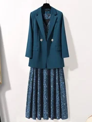 Blazer Dress Women Double-breasted Coat V-neck Printing Skirt Suit Dress Business Elegance Office Blazer Sets Clothes for Women