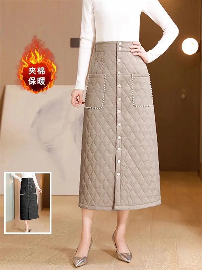 

Autumn Winter Quilted Skirt Literary Single Breasted Fashion Warm High Waist Cotton Skirt Mid length Elegant Jupe Femme Z4278