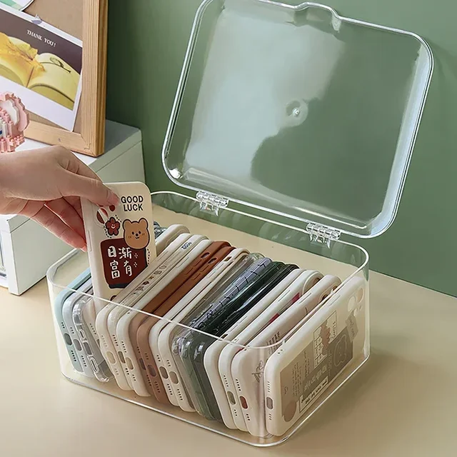 Panier de rangement d'articles divers en acrylique, support de coque de téléphone, boîte de rangement transparente avec couvercle pour bureau à domicile 5