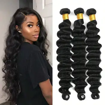 Loose Deep Wave Human Hair Bundles Brazilian Remy Virgin Hair Thick Double Drawn Weave Extensions Natural Black Color For Women 1