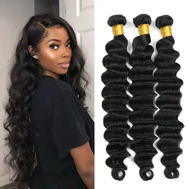 Extensions de cheveux humains brésiliens Remy vierges, ondulés profonds, épais, double trame, couleur noir naturel pour femmes 1