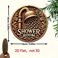 ป้ายห้องอาบน้ำแบบเรโทร 2 มิติ 1 ชิ้น - ป้ายไม้ทรงกลมพร้อมก๊อกน้ำสีทองและดีไซน์หยดน้ำ เหมาะสำหรับตกแต่งห้องน้ำ 3