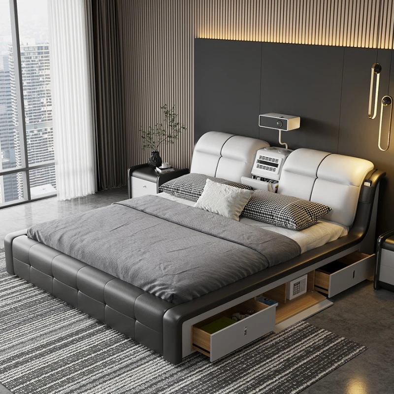 

Leather Luxury Double Bed Frame Storage Queen Size Bed Smart Multifunctional Camas De Dormitorio Bedroom Furniture