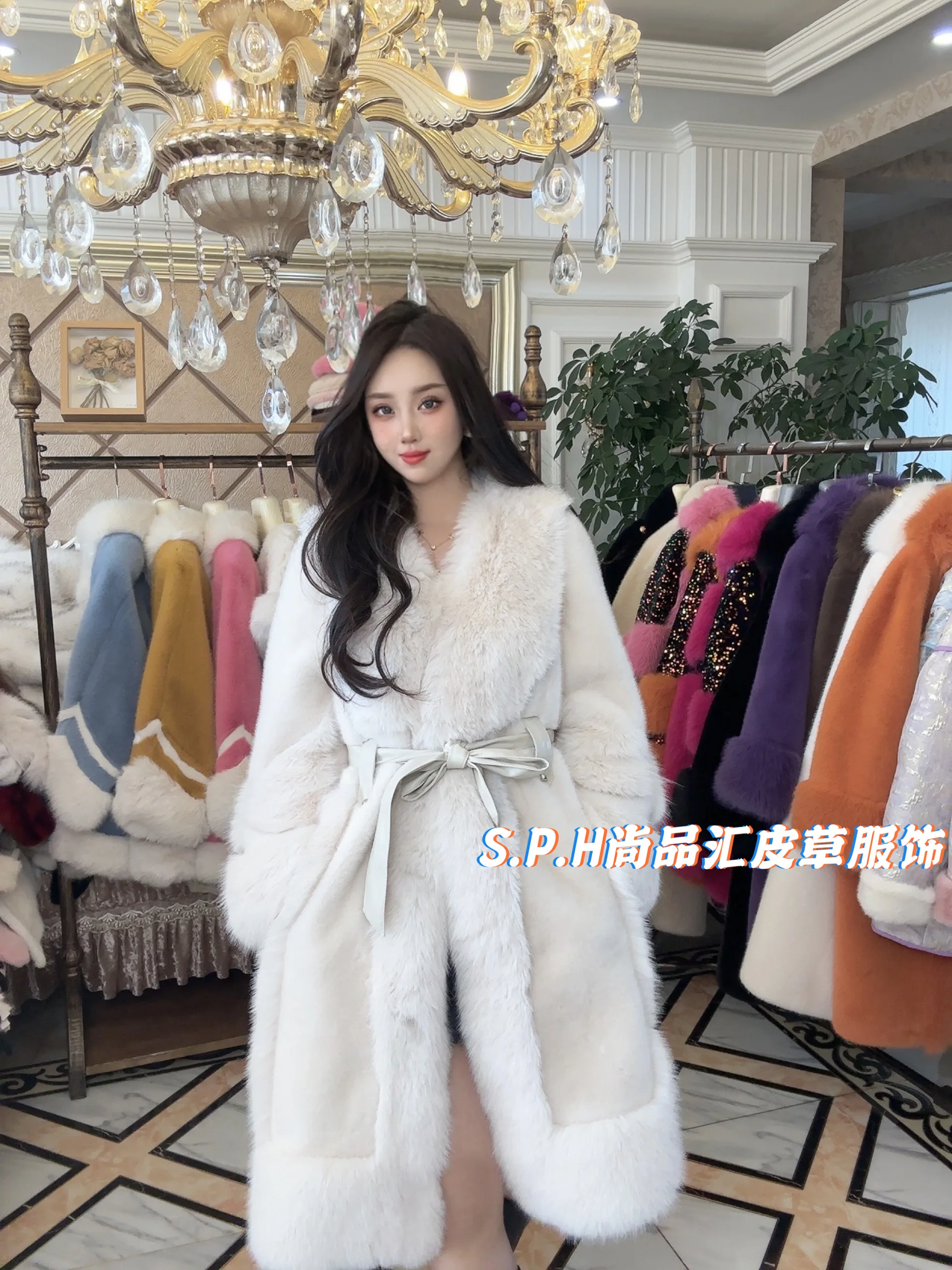 New Winter High-End Women's European Mink Fur Toka Fox Fur Long Coat Waist-Slimming Belt Temperament Slimming Faux Fur Jacket