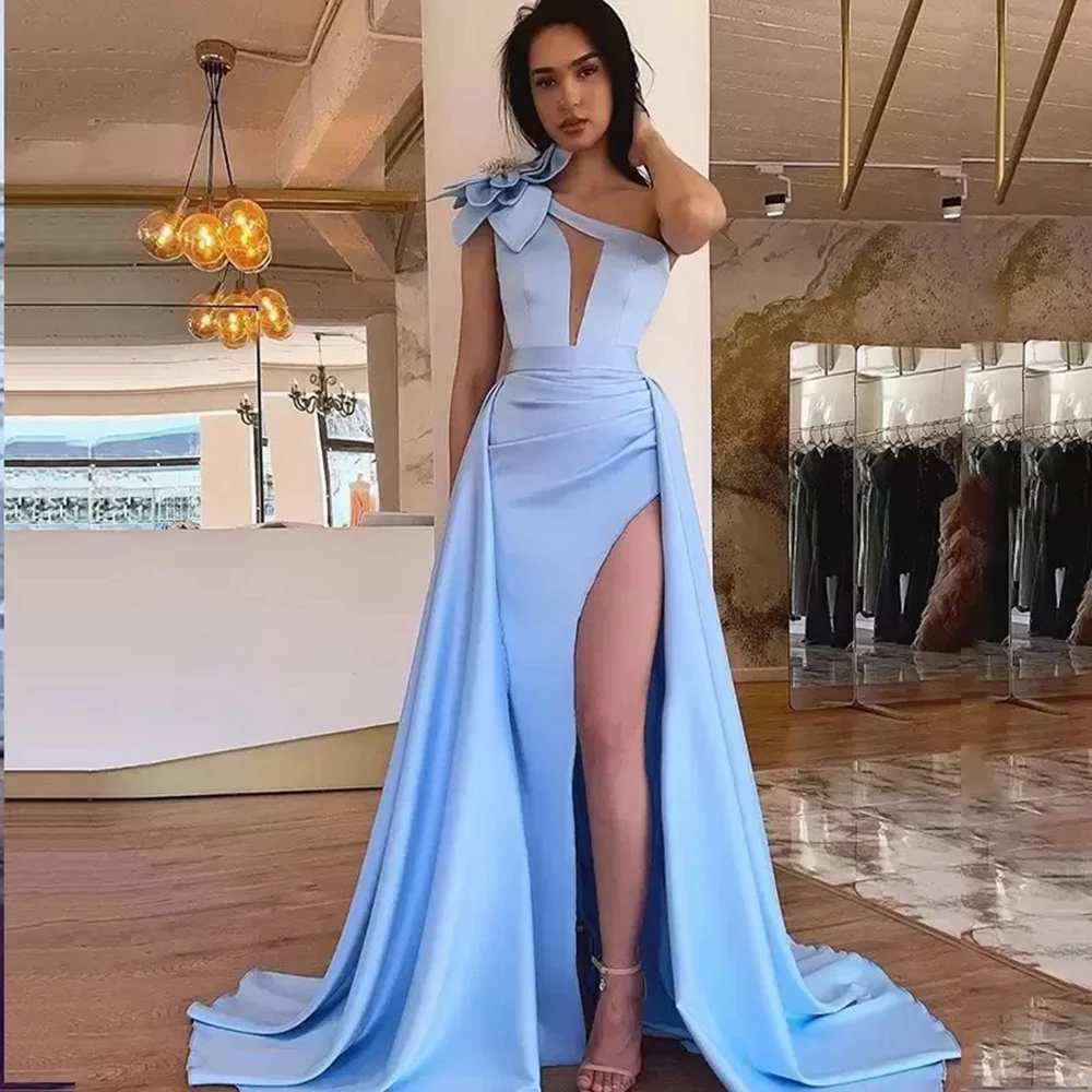 

Msikoods Blue Arabic Evening Dresses With Hollow Out Elegant Satin One Shoulder Prom Dresds Side Slit Sexy Women Robe de Soiree