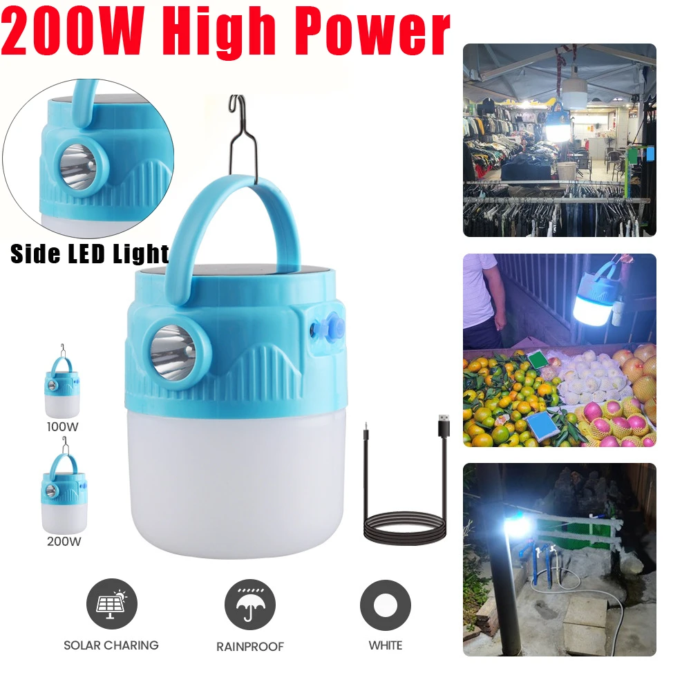 

200W Solar LED Camping Light USB Rechargeable Flashlight Outdoor Tent Travel Lamp Portable Emergency Light Bulb For Power Loss