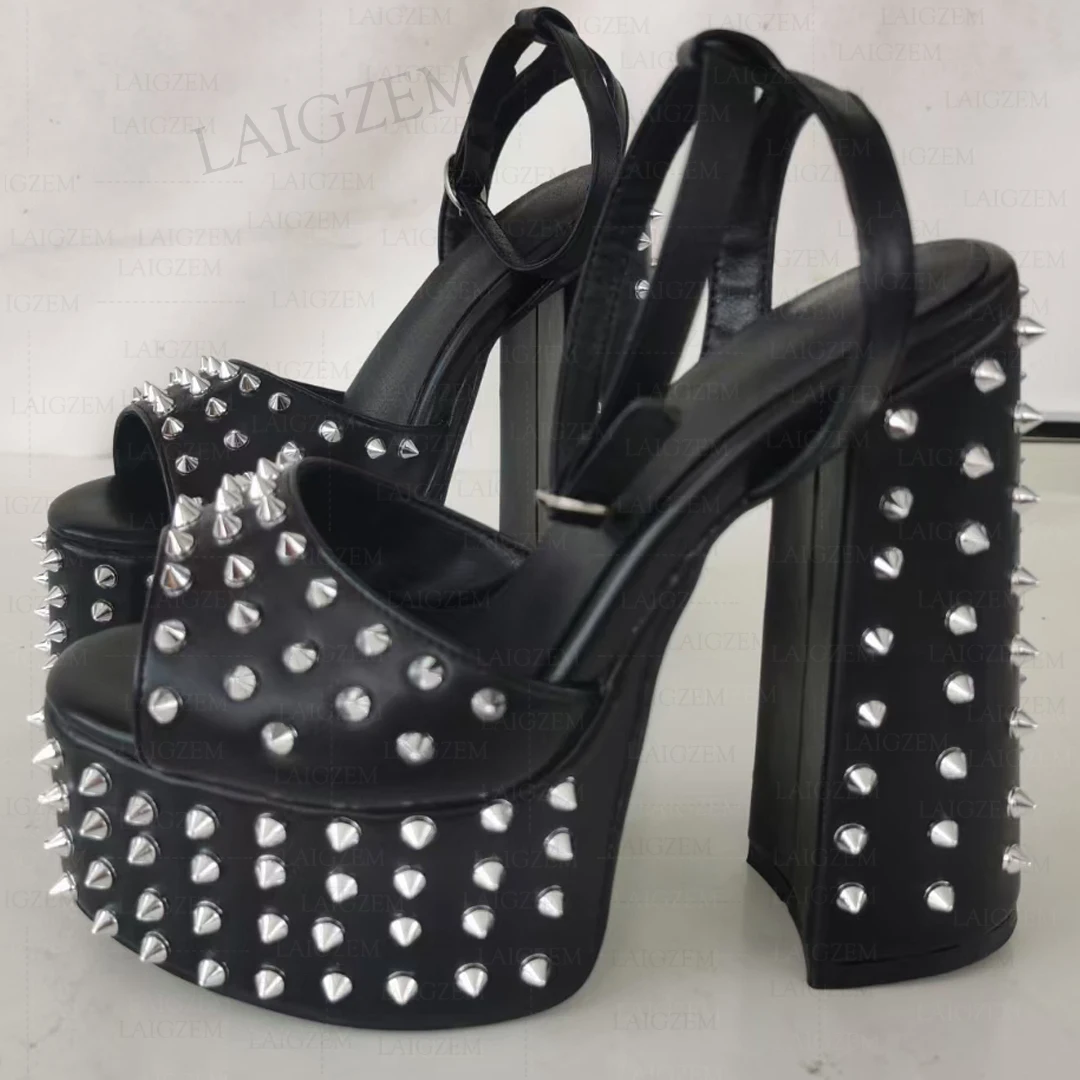 

SEIIHEM Women Sandals Studded Faux Leather Open Toe Platform Thick High Heels Pump Summe Party Shoes Women Plus Size 41 43 45 47