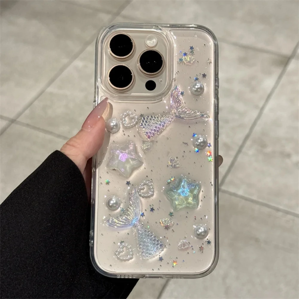 Glittering Ocean Mermaid Pearl & Starfish Clear Soft Phone Case Cover