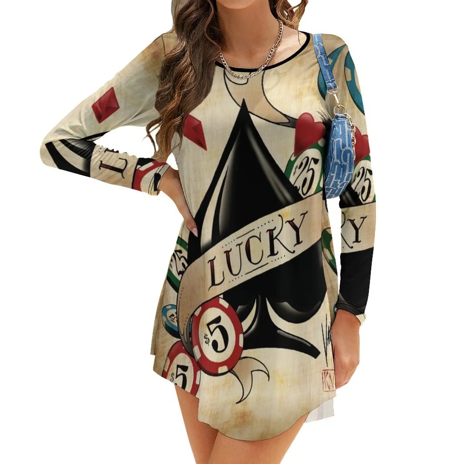 

Spade and Poker Chips Long-Sleeve Dress Women's summer suit long dress women