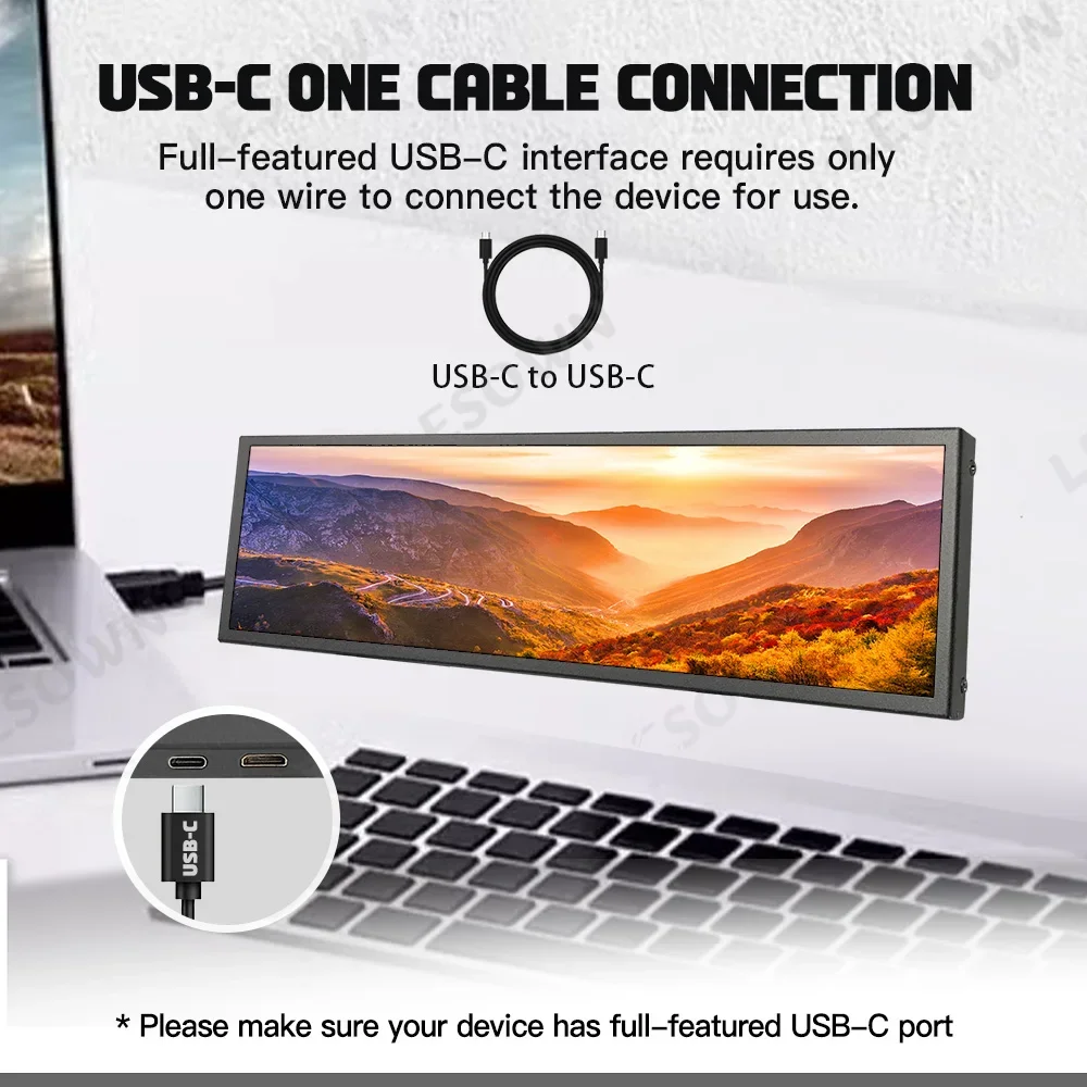 LESOWN 8.8인치 스트레치 바 디스플레이 휴대용 480x1920 USB-C 여행용 외부 보조 화면 (음악 스펙트럼 디스플레이용)