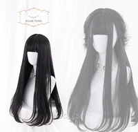 AS – perruque synthétique noire longue et lisse avec frange pour femme, perruque de Cosplay Lolita noire, cheveux naturels résistants à la chaleur 4