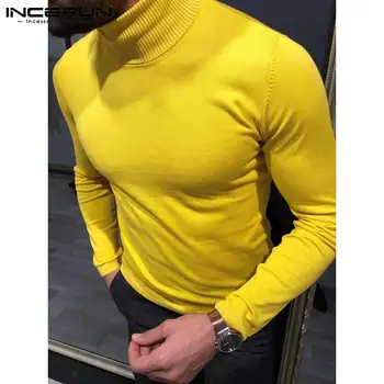 남성용 캐주얼 스타일 티셔츠, 하이 칼라, 긴팔, 단색, 스타일리시, 보텀 카미세타, S-5XL, INCERUN 상의, 2023, 신상 패션