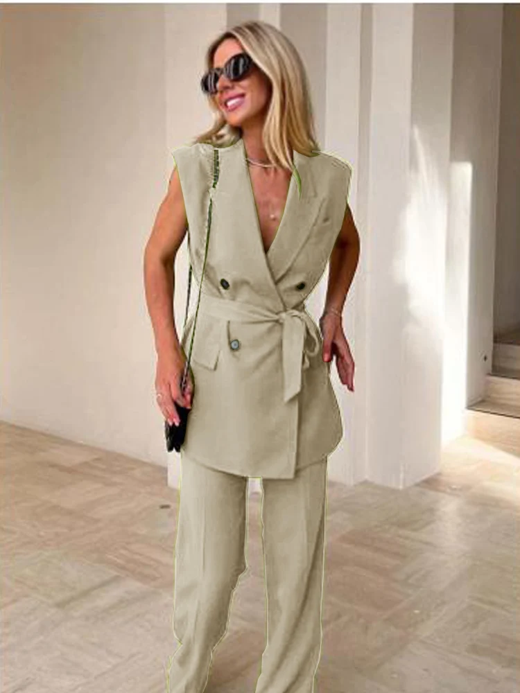 V-neck Chic and Elegant Woman Set Woman 2 Pieces Casual Fashion Vest Suit Blazer Suits Women's Clothing