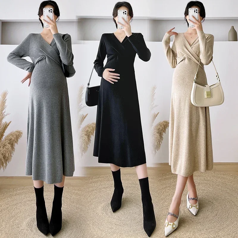 

8307# Autumn Winter Korean Fashion Knitted Maternity Long Dress Across V neck A Line Slim Clothes for Pregnant Women Pregnancy
