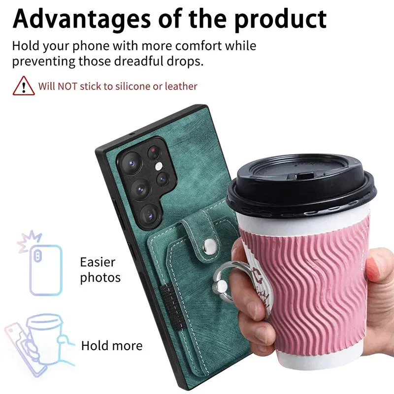 Leather Phone Case with Magnetic Car Holder and Wallet Card Back Cover