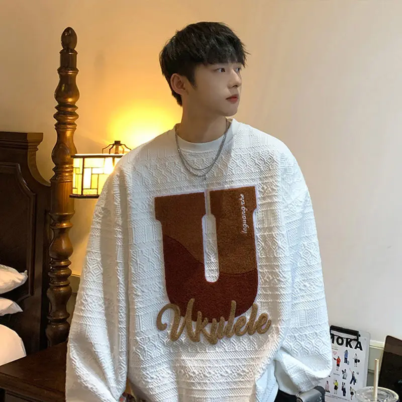 3D Letter Graphic Mens Sweatshirts Oversized 2022 Autumn New Hoodies Round Neck Fashion Male Korean Clothing Pullovers