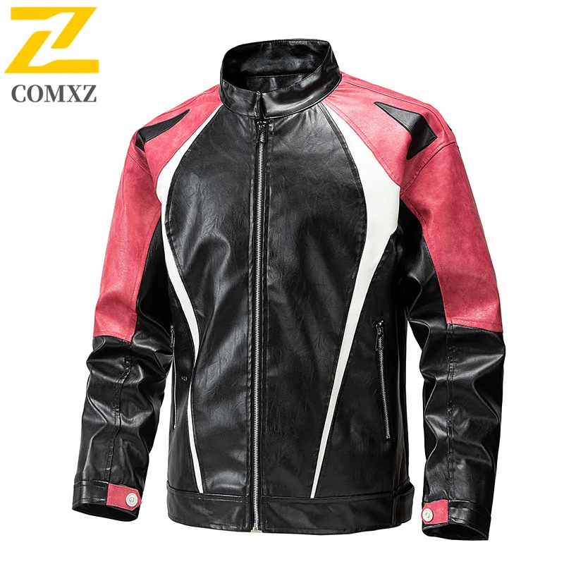Men's Biker Windbreaker Color Block PU Leather Hybrid Jacket Waterproof Windproof Stand Collar American Style Vintage Outerwear