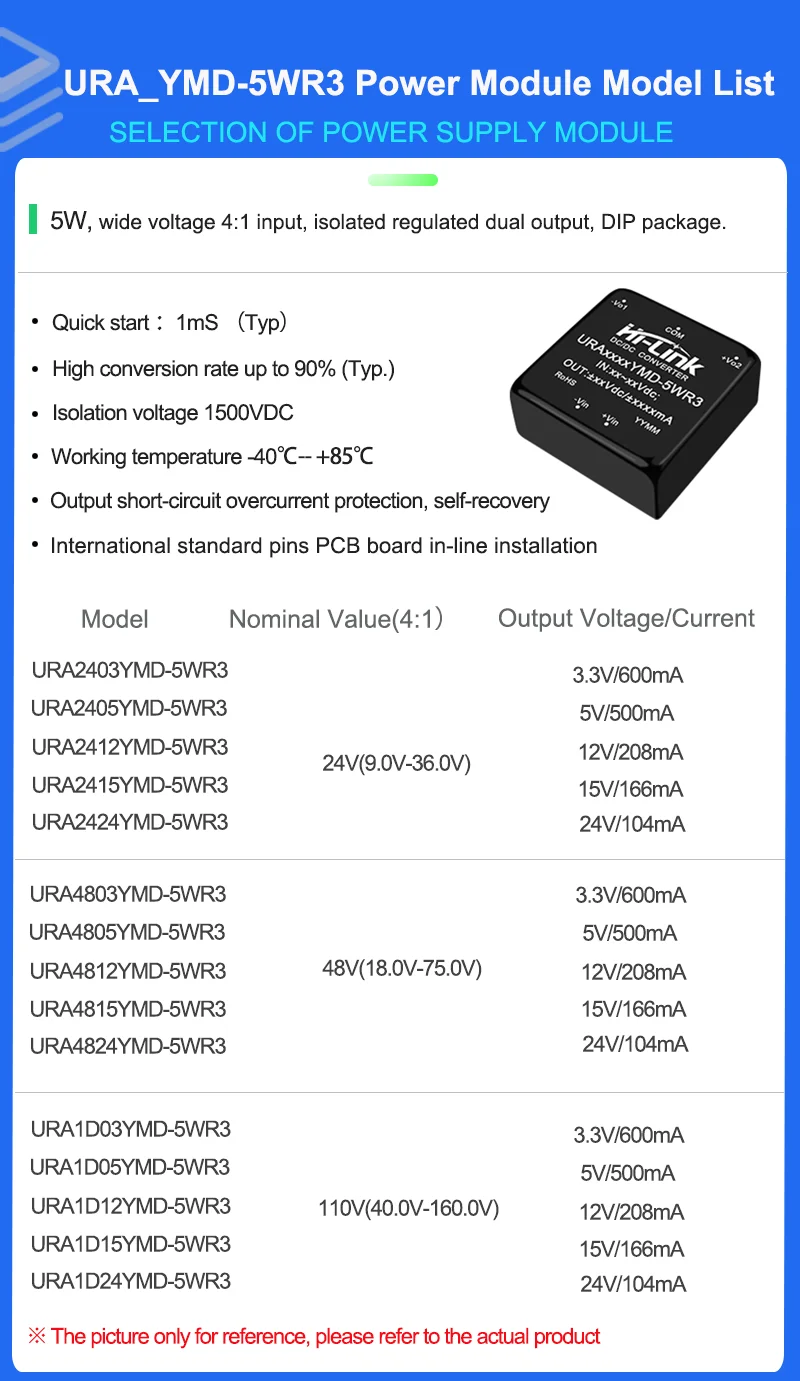 5pcs HLK 오리지널 URA4812YMD-5WR3 5W 규제 절연 DC-DC 모듈 1500VDC 절연 이중 출력 SIP 패키지 산업용 등급