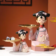 

Resin Sculpture Chinese Palace Style Storage Tray Statues Home Decor Desk Figurines Girl Model Living Room Accessories Gifts