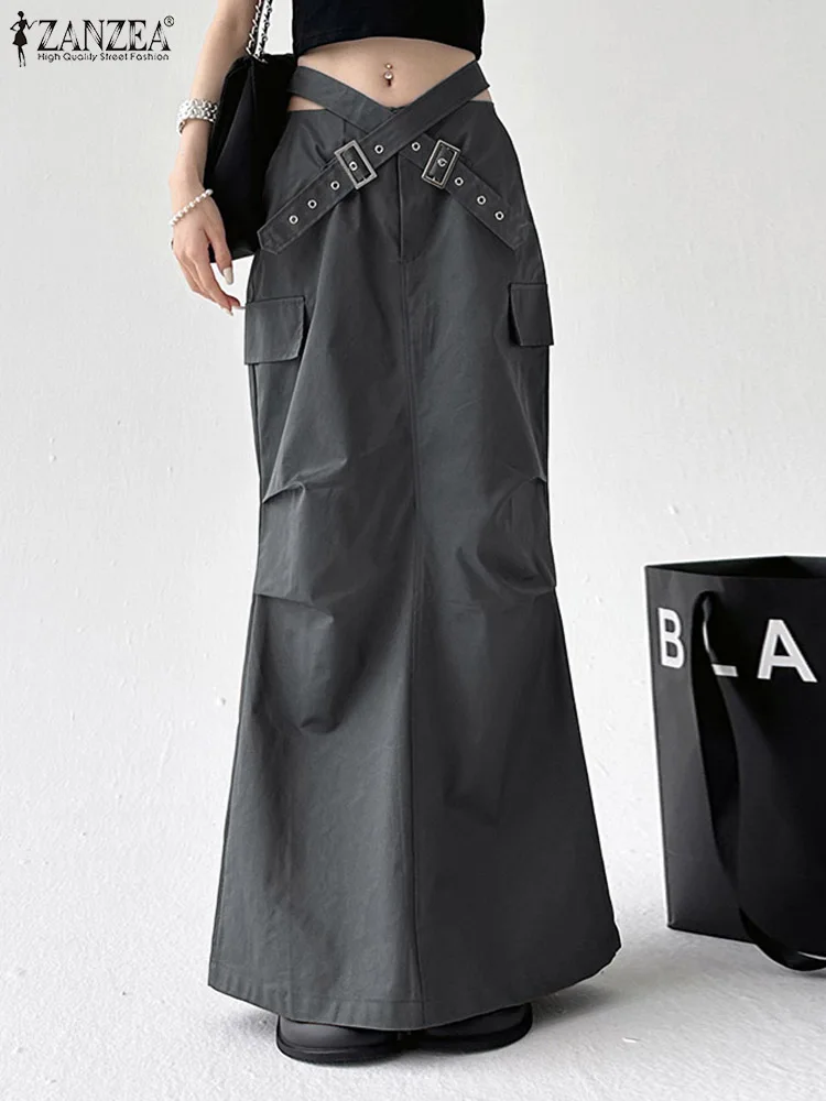 Zanzea Women Y2K Cargo Gonne Fashion Multi-Pocket Special Jupe 2023 Autunno Cross Belted Wrapped Faldas Holiday Solid Maxi Gonna